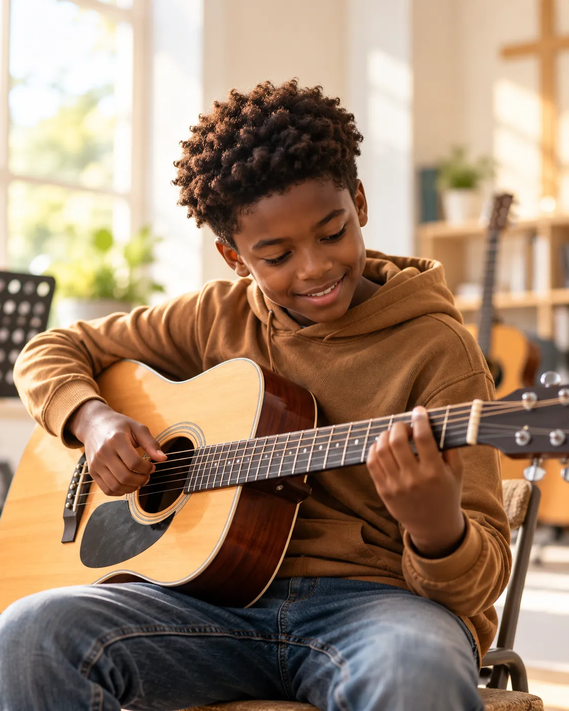 Young boy playing acoustic guitar