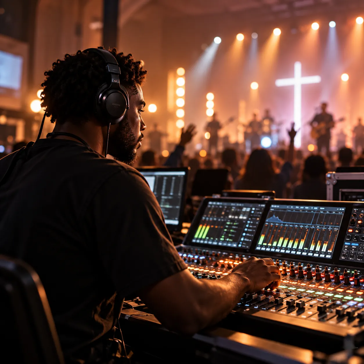 Sound engineer at a mixing desk during a service